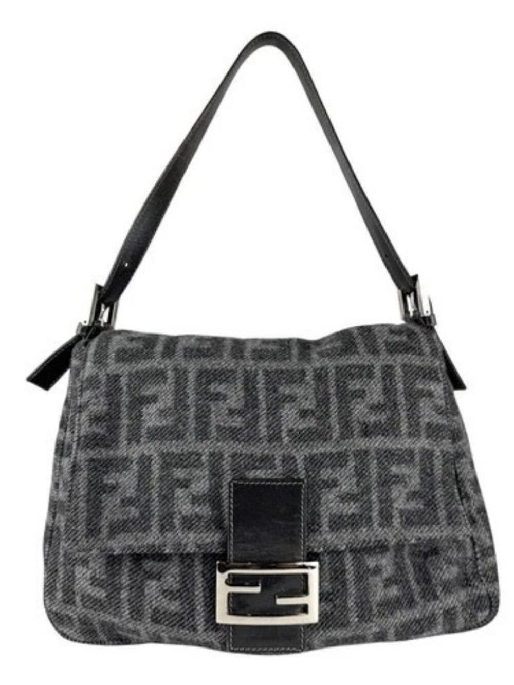 Auth FENDI Zucca Shoulder Bag Gray Wool/Leather/Silvertone - z8840